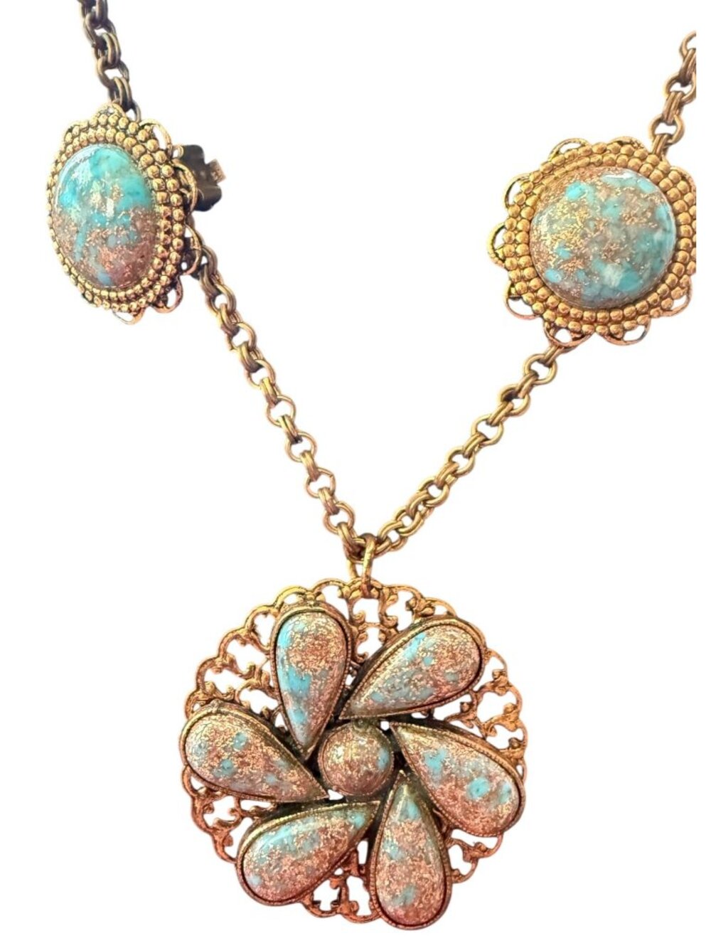 16 Inch Vintage Copper Color Necklace & Clip-On Earrings  Confetti Lucite Stones